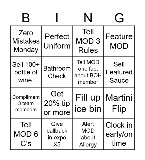 131 MONDAY BINGO Card