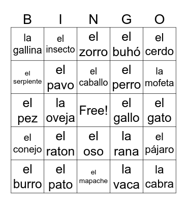 Los Animales (Part 1) Bingo Card