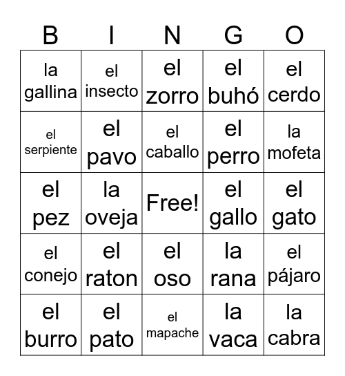 Los Animales (Part 1) Bingo Card