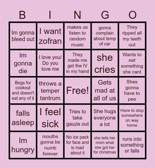 Emma's Wisdom Tooth Bingo Card