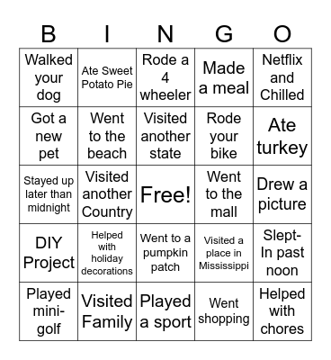 Fall Break Bingo Card