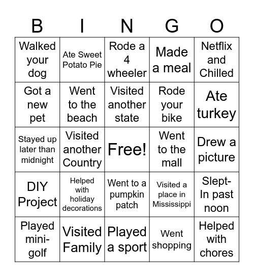Fall Break Bingo Card