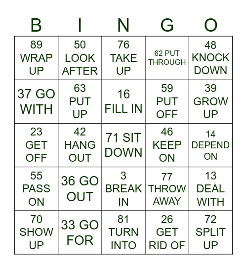 Phrasal verbs Bingo Card