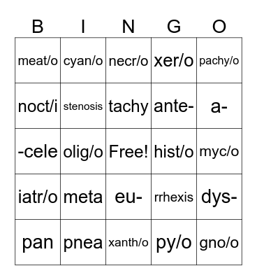 Medical Terminology Bingo Card