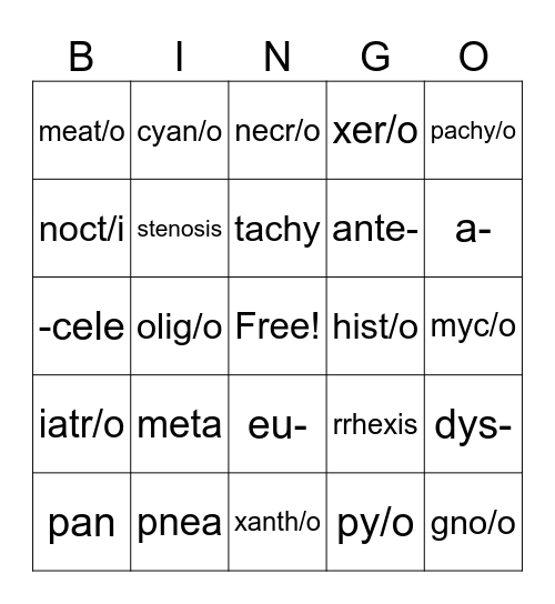 Medical Terminology Bingo Card