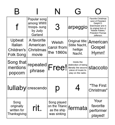 Musical Bingo Card