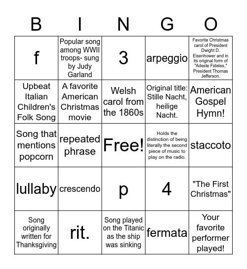 Musical Bingo Card