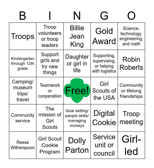 Girl Scout New Volunteer Bingo Card