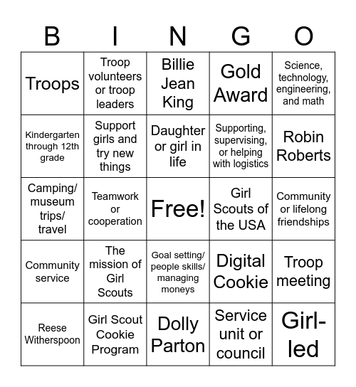Girl Scout New Volunteer Bingo Card
