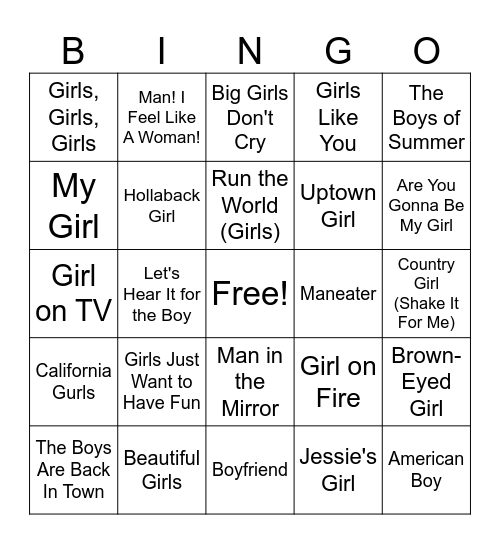 Girls vs. Boys Bingo Card