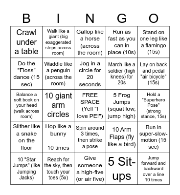 PE at Home Bingo Card