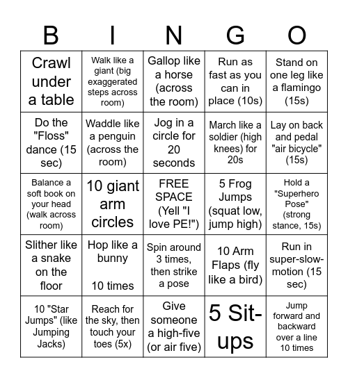 PE at Home Bingo Card