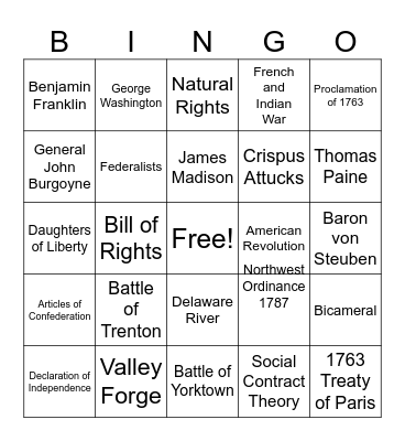 Unit 2 - Revolution and Constitution Bingo Card