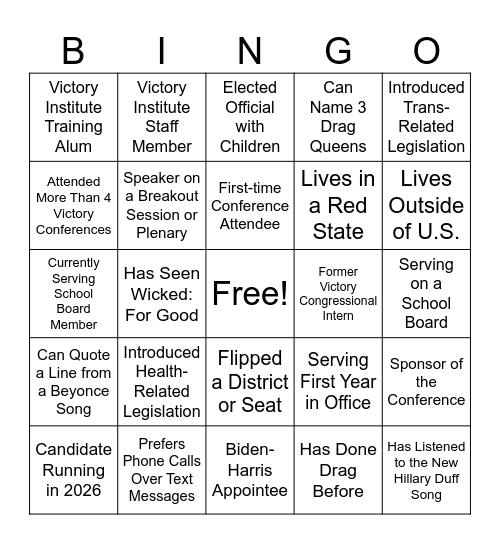 Interionatl LGBTQ+ Leaders Conference Bingo Card