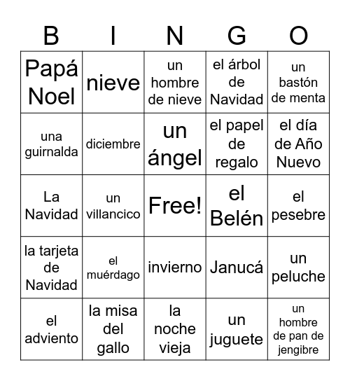 Christmas Spanish Bingo Card