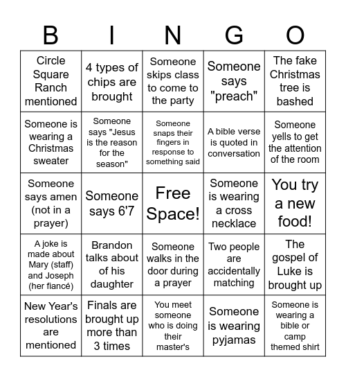 InterVarsity Christmas Party Bingo Card
