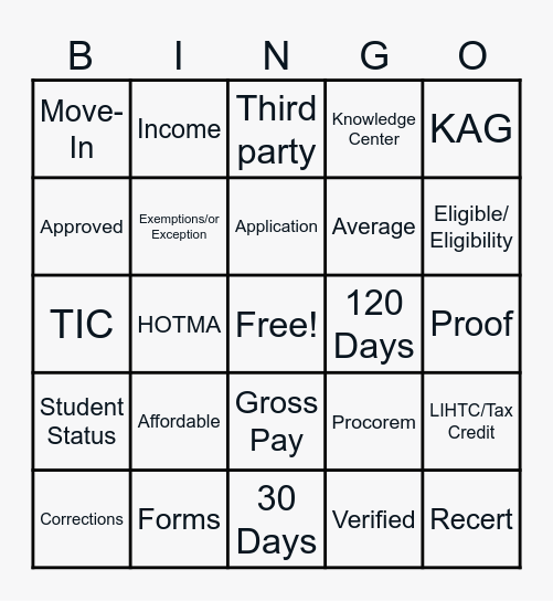 Tax Credit Lunch And Learn Bingo Card