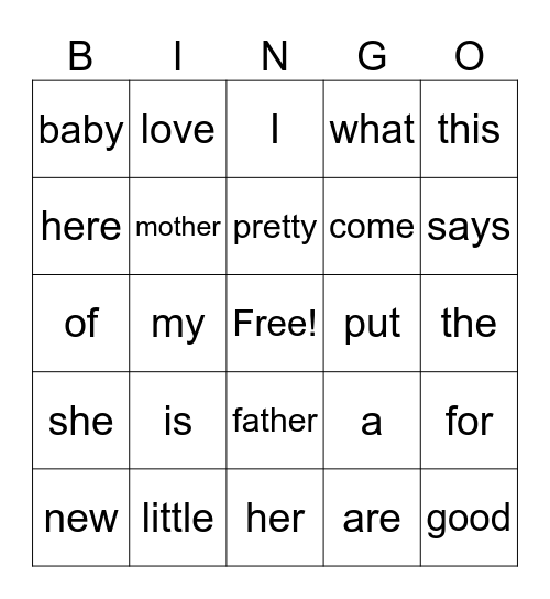 Sight Word BINGO Card