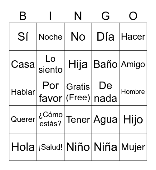 Spanish Language Bingo Card
