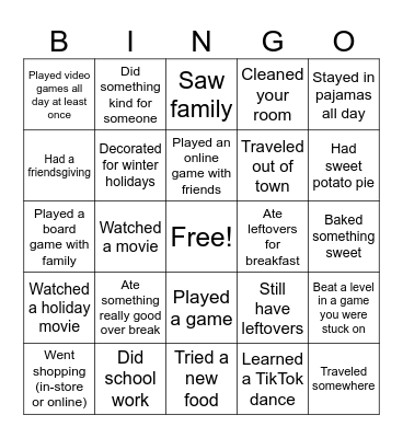 Thanksgiving Break Bingo Card