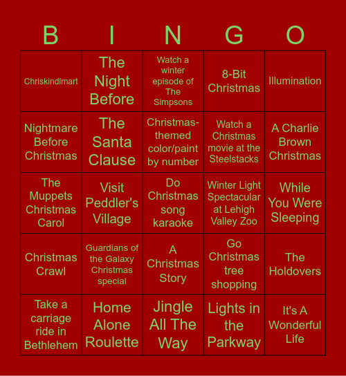 Chris and Devon's December 2025 Bingo Card