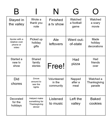Thanksgiving Break Bingo Card