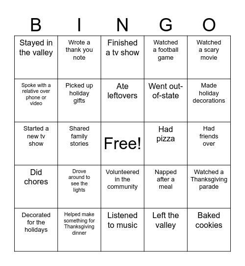 Thanksgiving Break Bingo Card