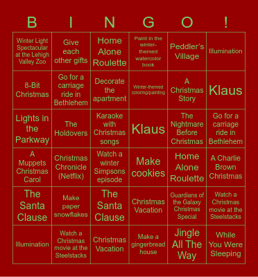 Chris and Devon's December 2025 Bingo Card