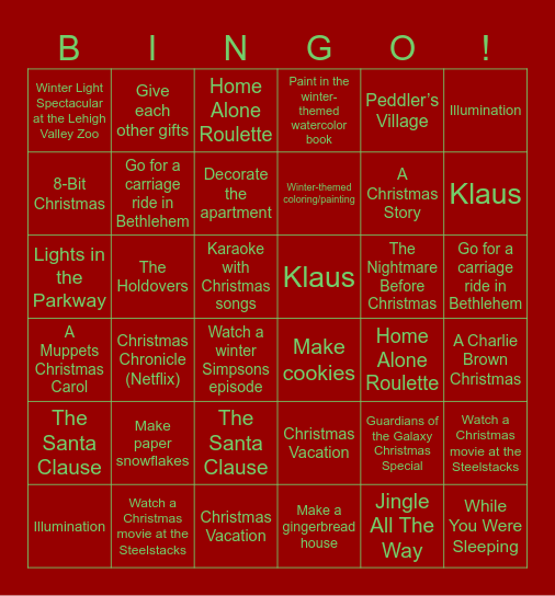 Chris and Devon's December 2025 Bingo Card