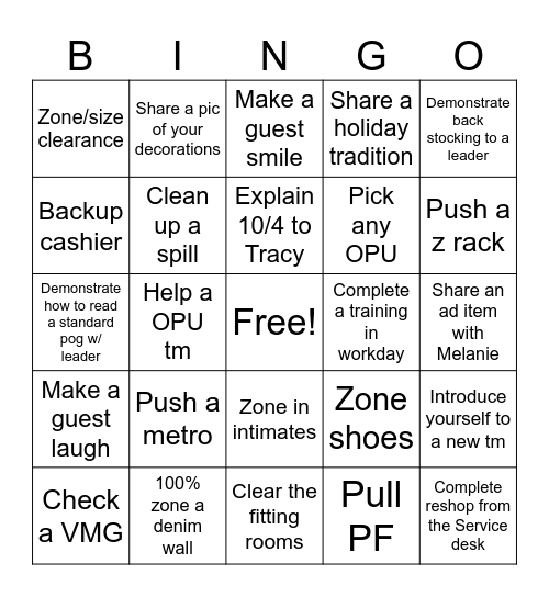 Style Team Bingo Card