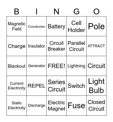 Electricity and Magnetism Bingo Card