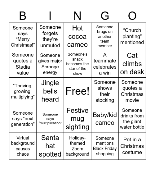 2025 Stadia Christmas Party Bingo Card