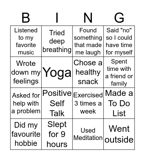 Choices and Stress Bingo Card