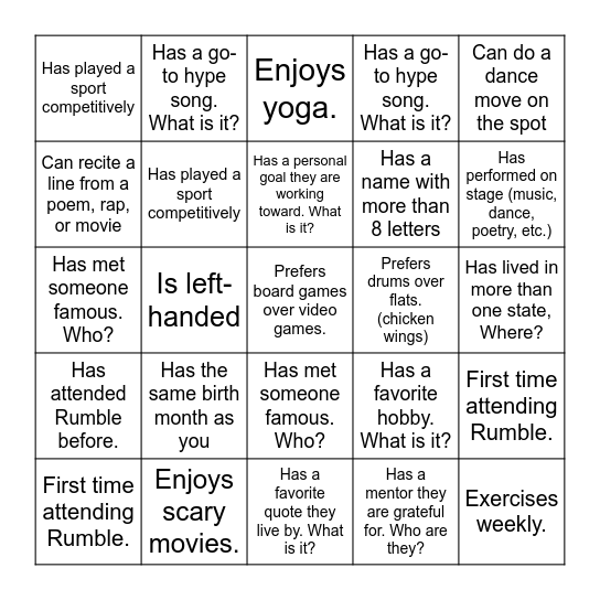 Rumble Bingo Card