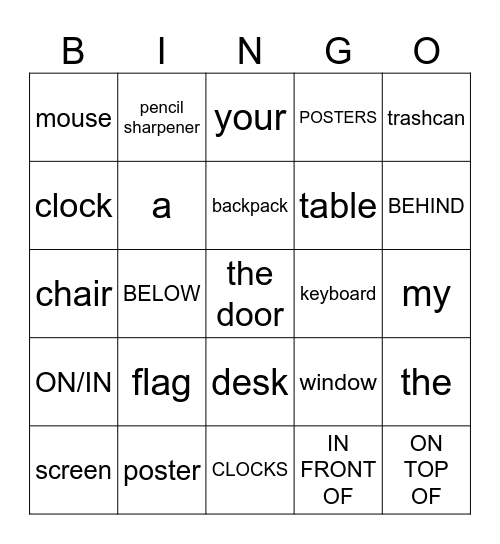 2B objects and prepositions Bingo Card