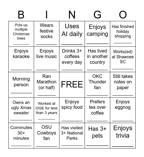 OGE Connection Bingo Card