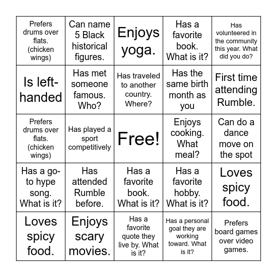 Rumble Bingo Card