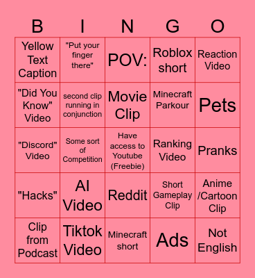 Youtube Shorts Bingo Card