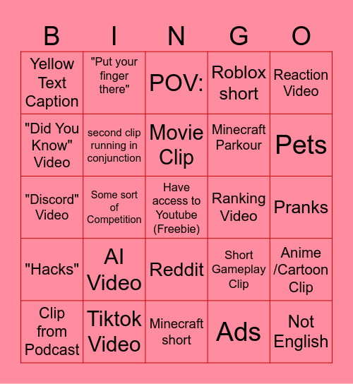 Youtube Shorts Bingo Card