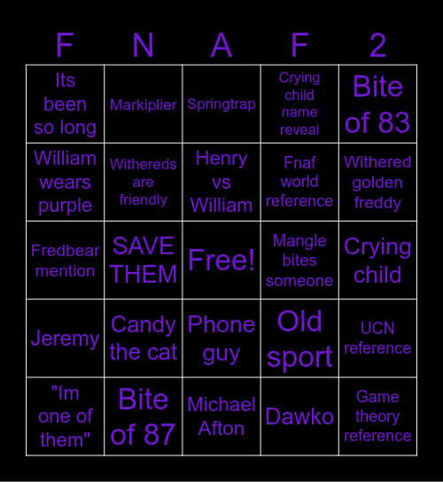 Fnaf at Freddys 2 Bingo Card
