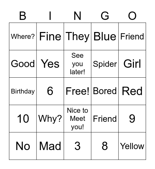 Sign Language Vocabulary Bingo Card
