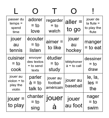 6 French -er verbs / les verbes du premier groupe Bingo Card
