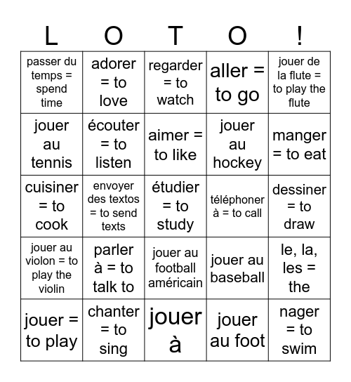 6 French -er verbs / les verbes du premier groupe Bingo Card
