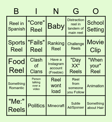 Instagram Reels Bingo Card