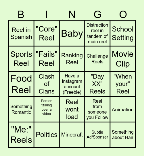 Instagram Reels Bingo Card