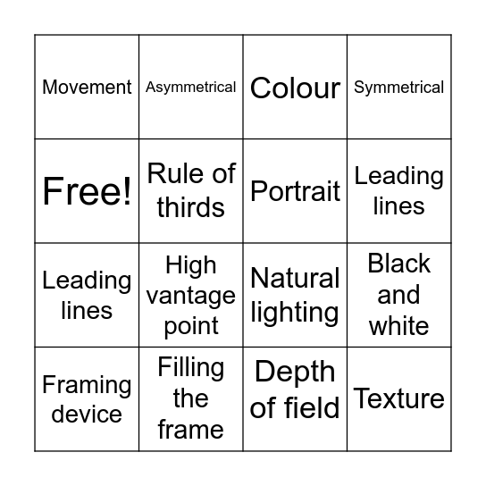 Photography Bingo Card