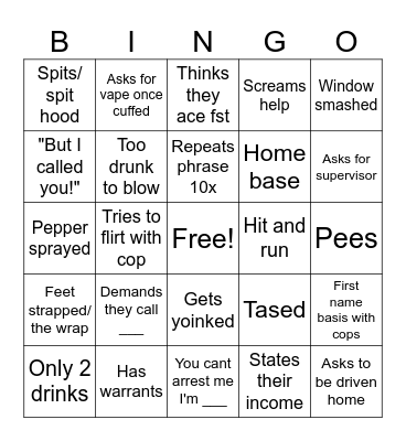 Body Cam Bingo Card