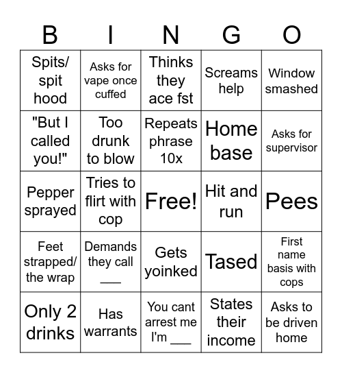 Body Cam Bingo Card