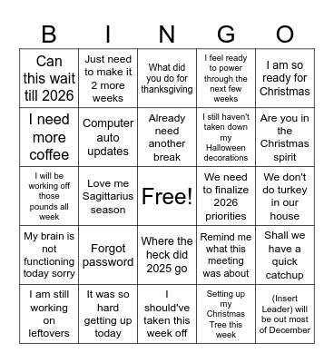 Post Thanksgiving Bingo Card