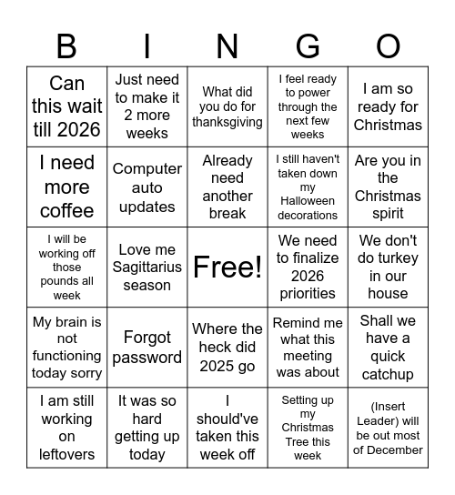 Post Thanksgiving Bingo Card